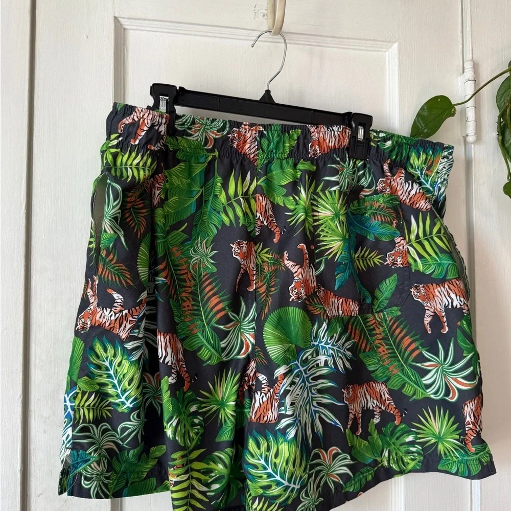 George Jungle Print swim Shorts with Tiger and Leaf Design